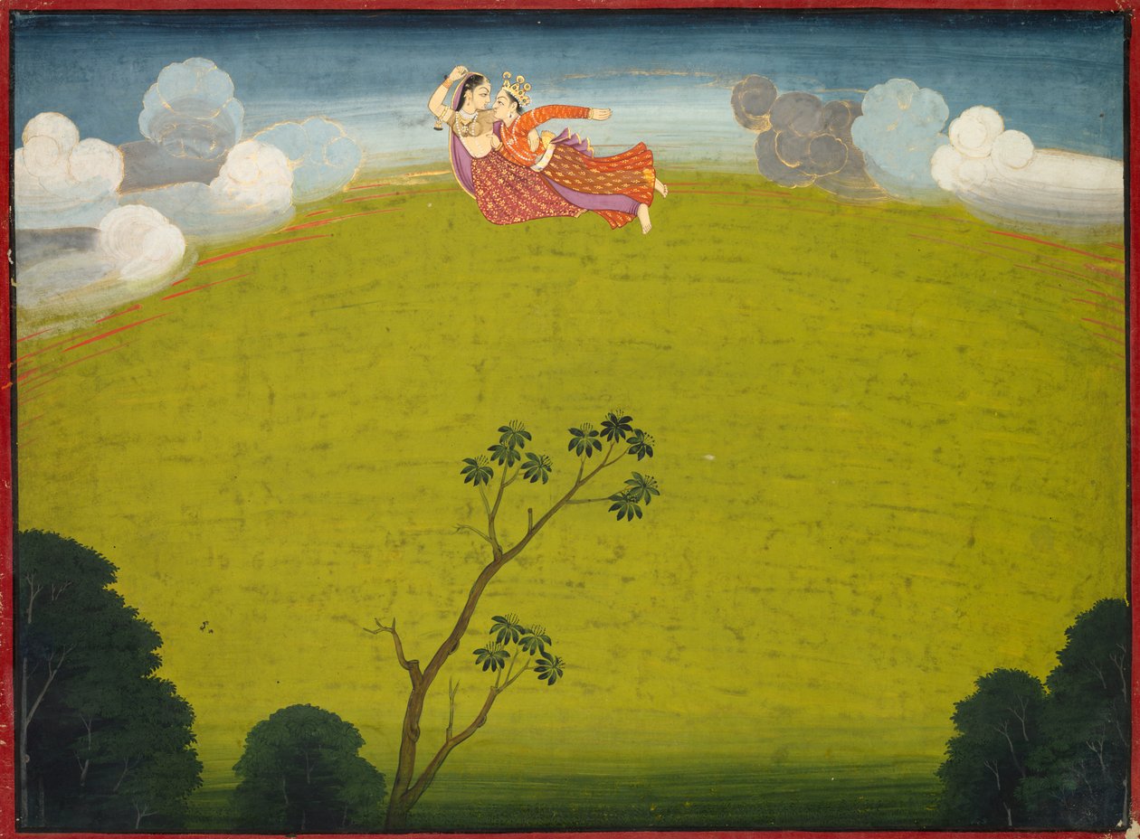 Pradyumna i Mayavati lecą do Dvaraki, z Wielkiej Basohli Bhagavata Purany, ok. 1930. 1760-1765. autorstwa Unbekannt