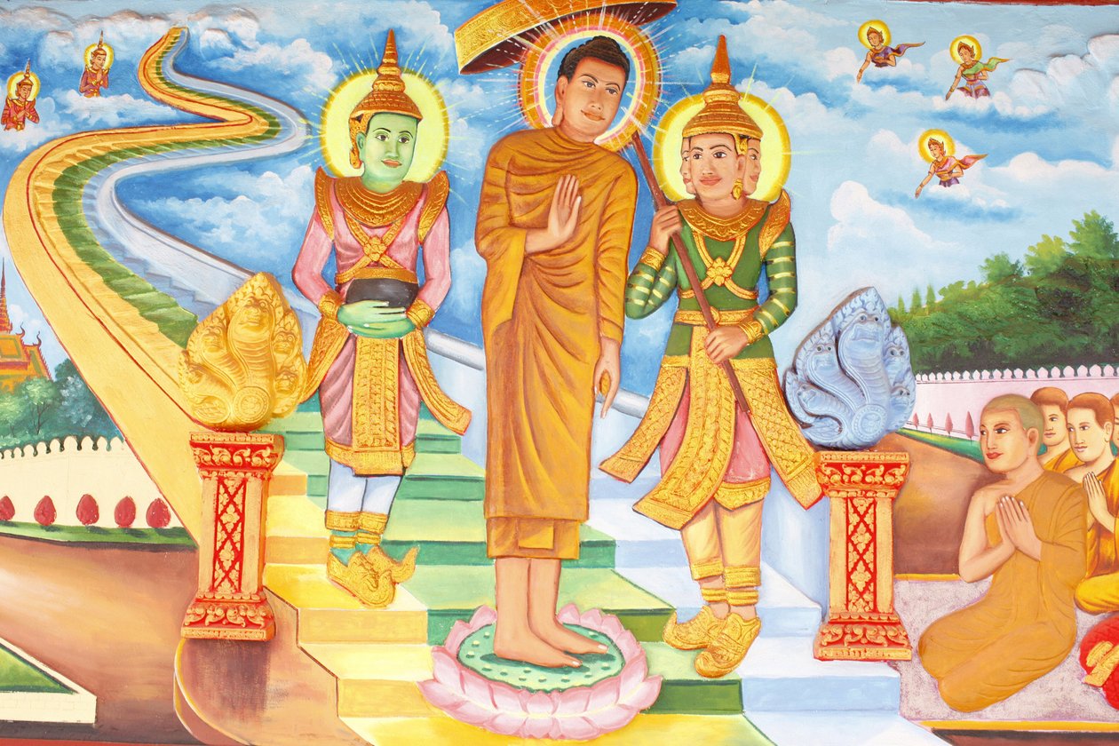 Klasztor Preah Prom RathŻycie BuddyBudda z wizytą w niebie i spotkanie z bogami Indrą i Brahmą, Siem Reap, Kambodża autorstwa Unbekannt