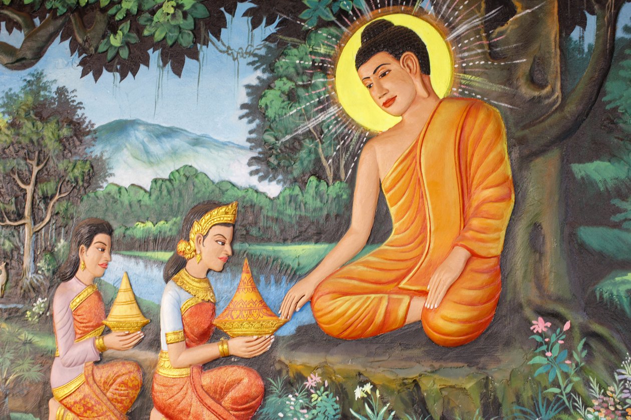 Klasztor Preah Prom RathŻycie Buddy WyrzeczeniePewnego ranka dziewczyna imieniem Sujata ofiarowała Siddharcie pyszną owsiankę z mlecznego ryżu, Siem Reap, Kambodża autorstwa Unbekannt