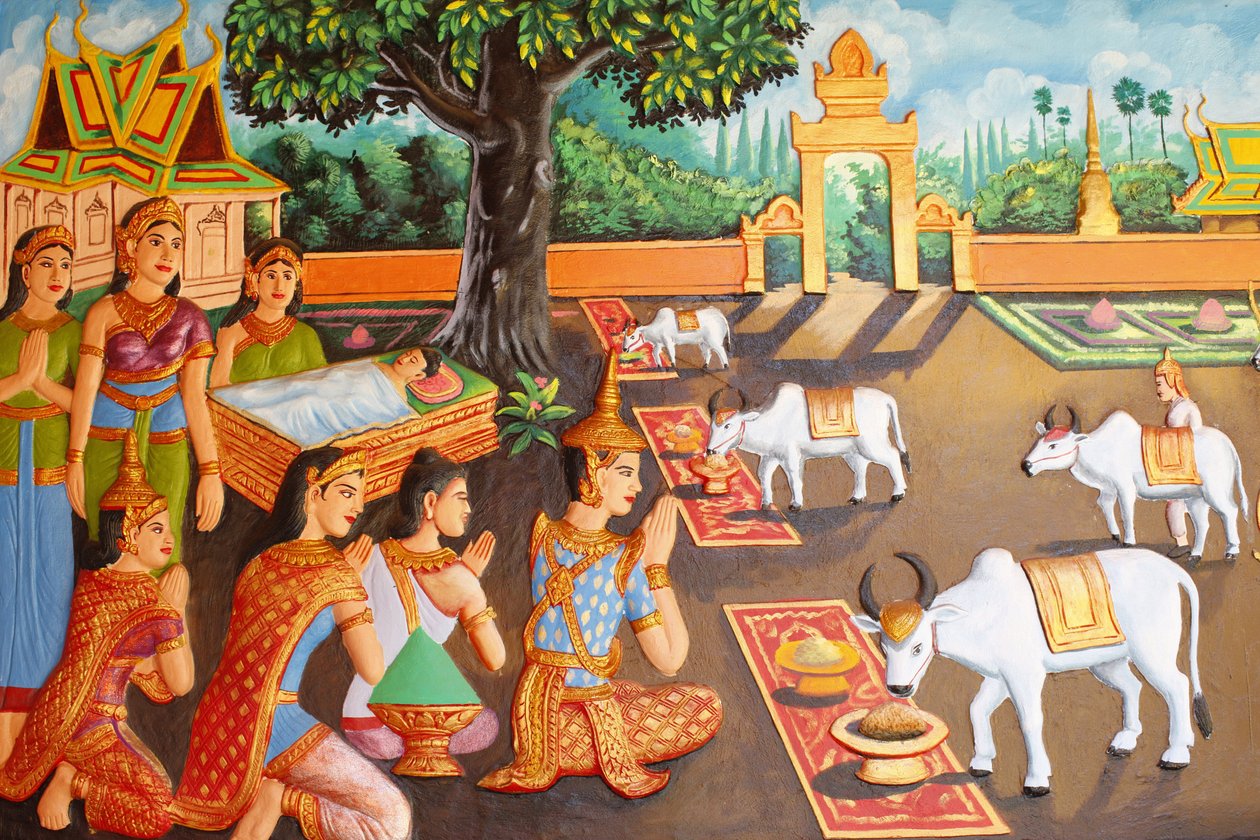 Klasztor Preah Prom RathŻycie BuddyMłody Siddhartha Gautama i jego matka podczas święta rolników, Siem Reap, Kambodża autorstwa Unbekannt