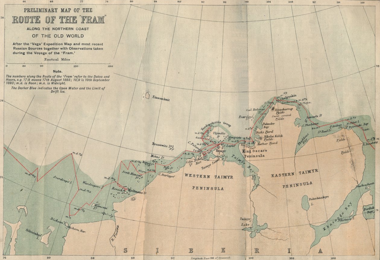 Wstępna mapa trasy Fram wzdłuż północnego wybrzeża Starego Świata, c1893-1896, 1897. autorstwa Unbekannt