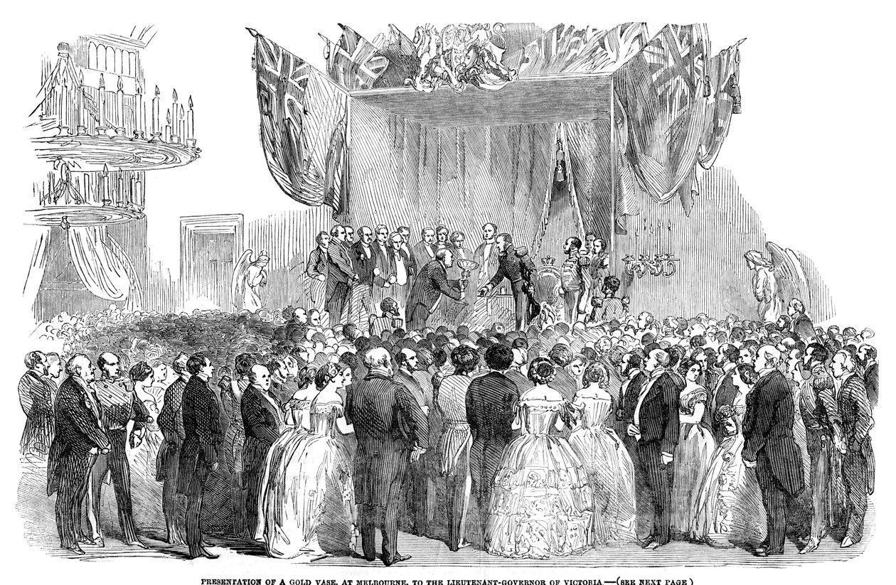 Prezentacja złotej wazy w Melbourne gubernatorowi stanu Wiktoria, 1854 r autorstwa Unbekannt
