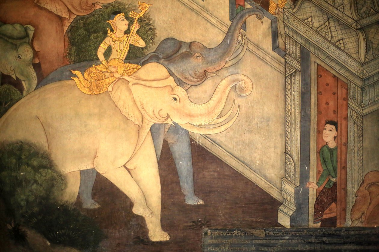 Książę Rama. Detal ścienny na wewnętrznych ścianach Vihary z czasów króla Ramy III przedstawiający Ramakien. Wat Pho - Wat Phra Chetuphon. 1788. Bangkok. Tajlandia autorstwa Unbekannt