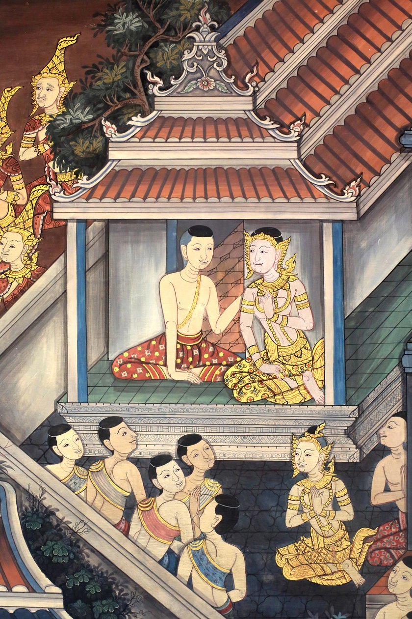 Książę Rama i Sita. Detal ścienny na wewnętrznych ścianach Vihary z czasów króla Ramy III przedstawiający Ramakien. Wat Pho - Wat Phra Chetuphon. 1788. Bangkok. Tajlandia autorstwa Unbekannt