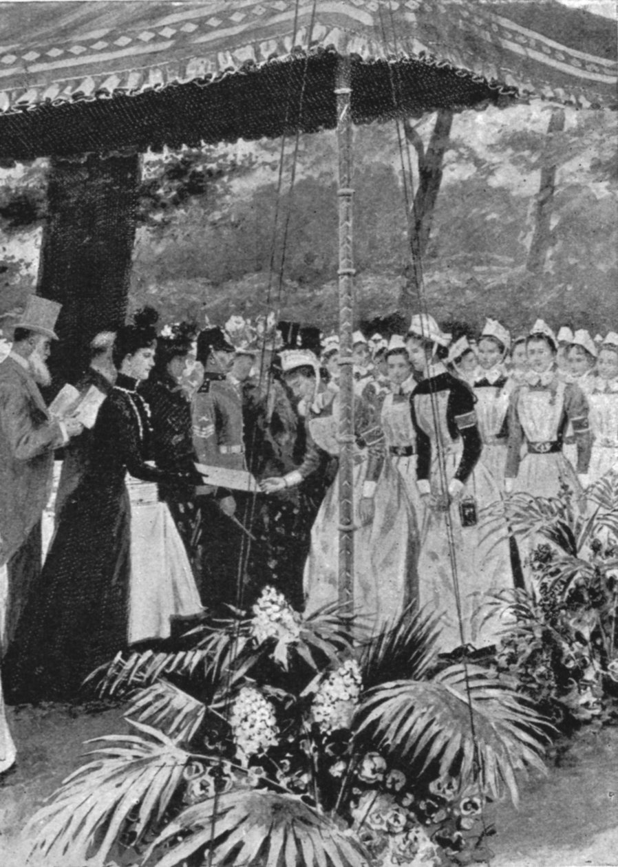 Księżniczka Alexandra wręcza świadectwa pielęgniarkom w Marlborough House, 21 lipca 1899, 1901. autorstwa Unbekannt