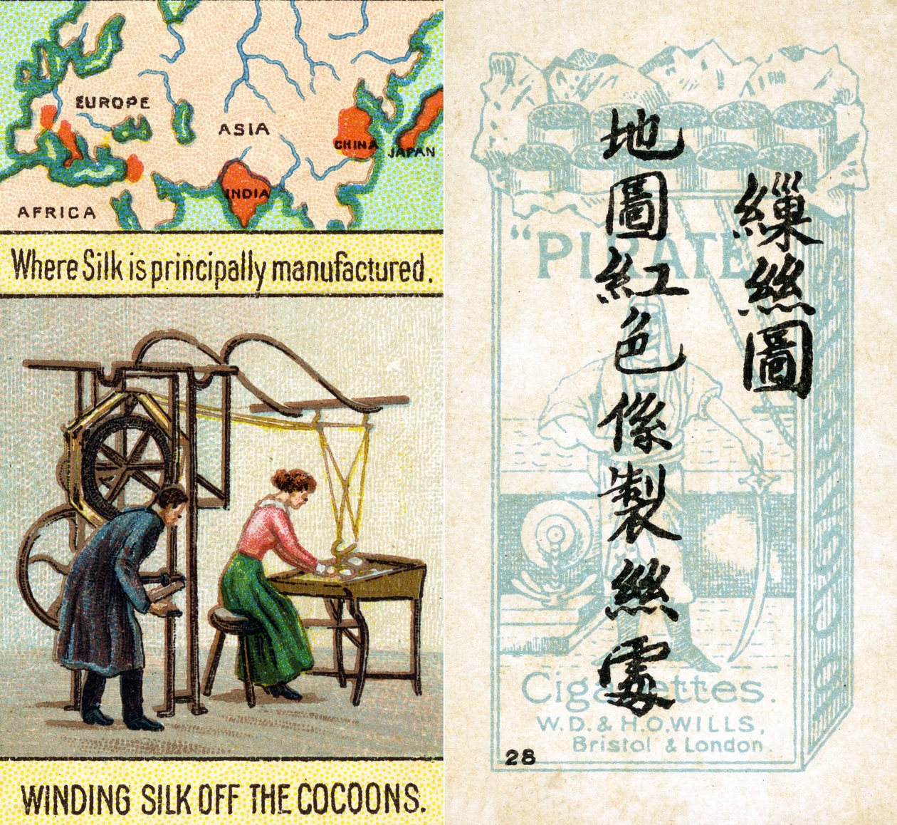 Główne obszary produkcji jedwabiu, z serii kart papierosowych „Products of the World” produkowanych przez Wills „Pirate” Papierosy na rynek w Chinach autorstwa Unbekannt