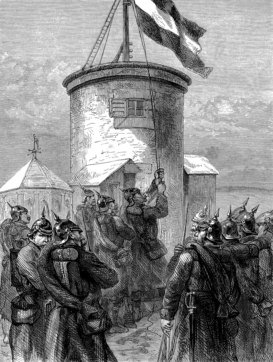 Wojska pruskie podnoszące flagę w Valerien, wojna francusko-pruska, 1870-1871 c1880 autorstwa Unbekannt