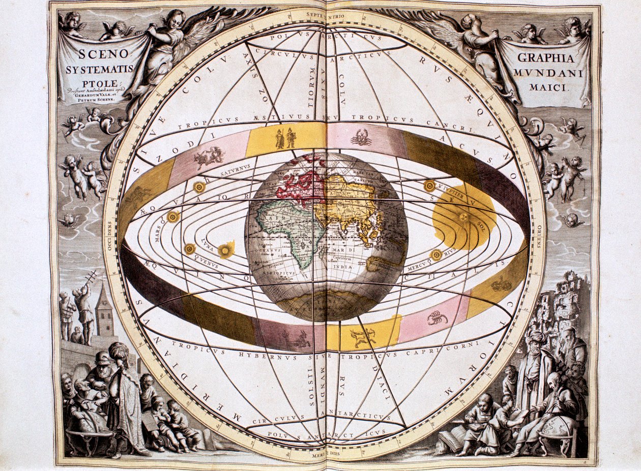 Ptolemejski geocentryczny, wyśrodkowany na Ziemi system Wszechświata, 1708 autorstwa Unbekannt