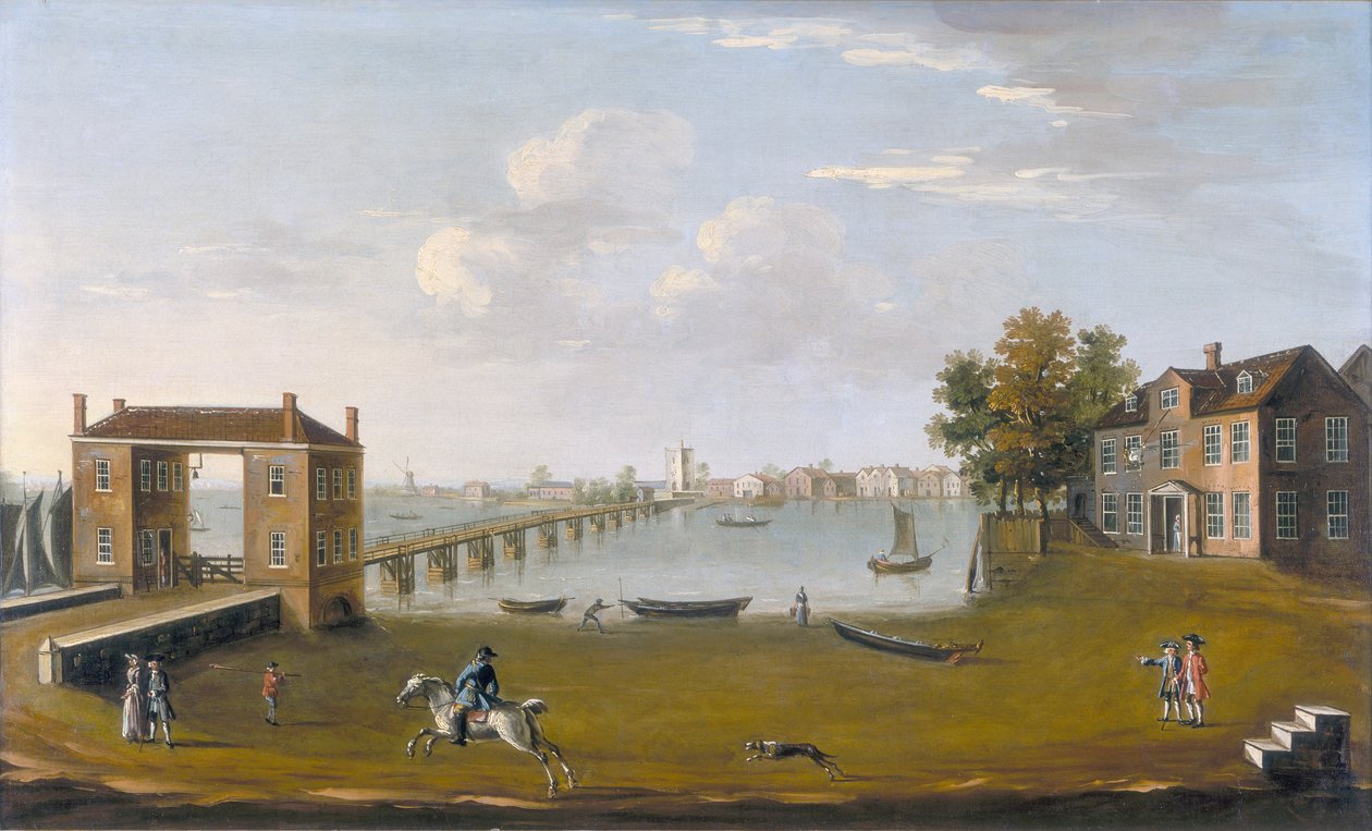 „Putney Bridge i wioska z Fulham”, ok. 1750 autorstwa Unbekannt