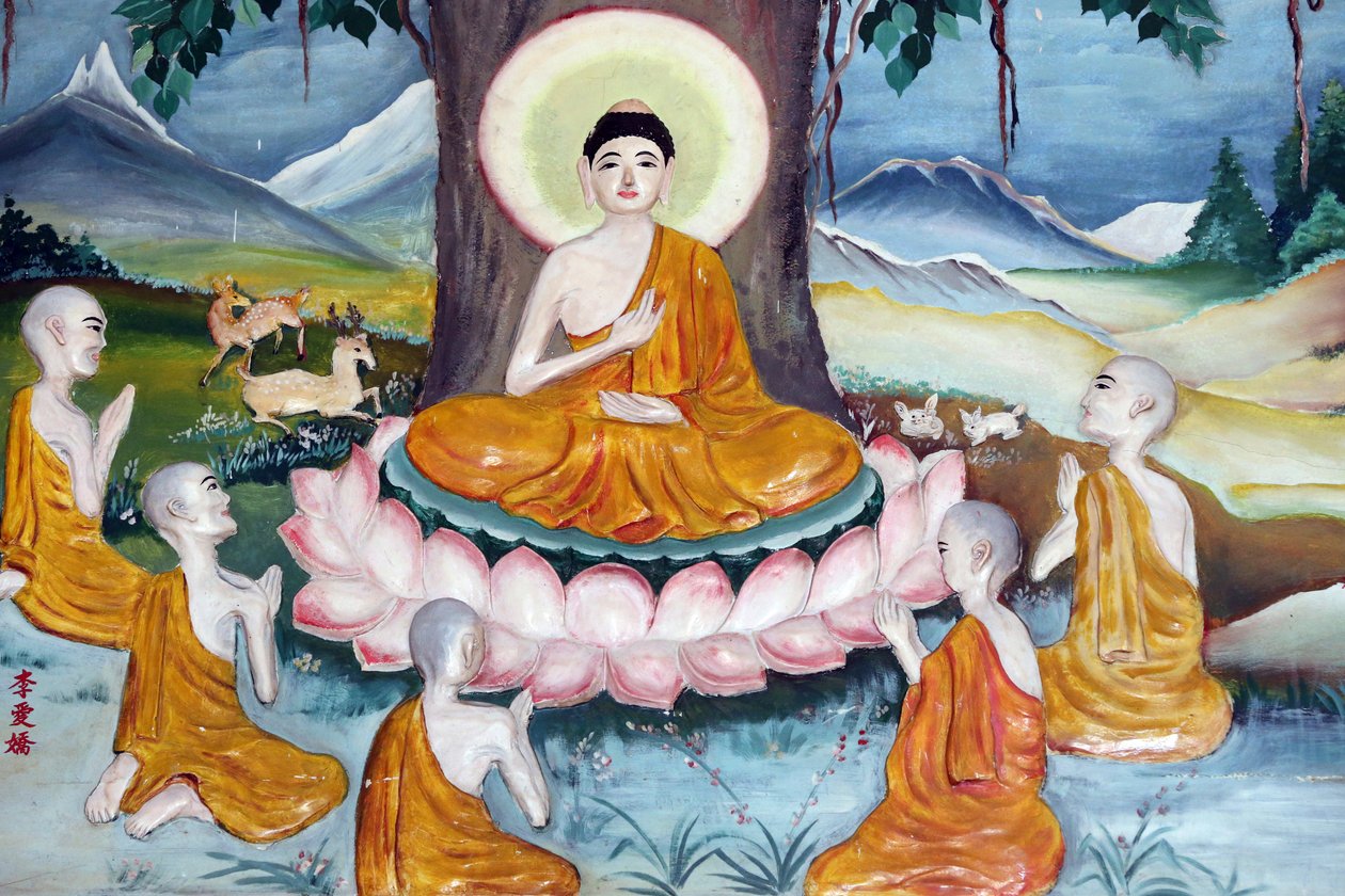 Świątynia Quan The Am Bo Tat (Pagoda Bodhisattwy Awalokiteśwary). Budda Siakjamuni wygłasza kazanie – koło prawa – swoim pięciu uczniom. Vung Tau. Wietnam autorstwa Unbekannt