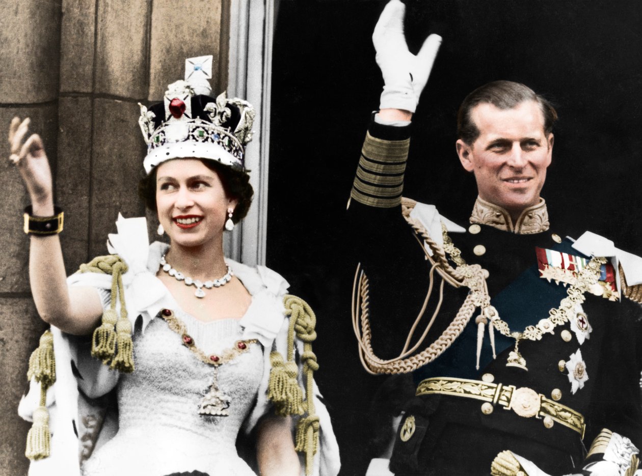 Królowa Elżbieta II i książę Edynburga w dniu koronacji, Pałac Buckingham, 1953 autorstwa Unbekannt