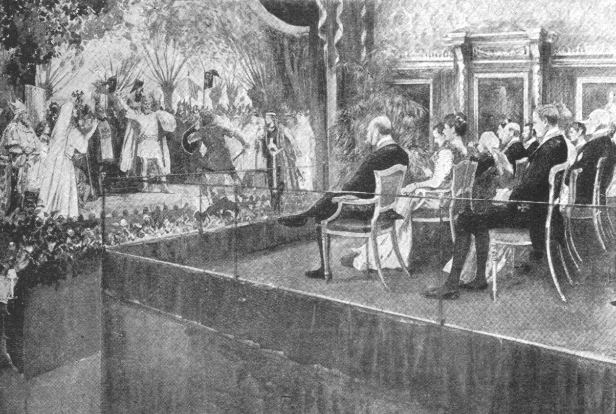 Królowa Wiktoria przesłuchuje Lohengrina w zamku Windsor w swoje osiemdziesiąte urodziny, 1899, 1901. autorstwa Unbekannt