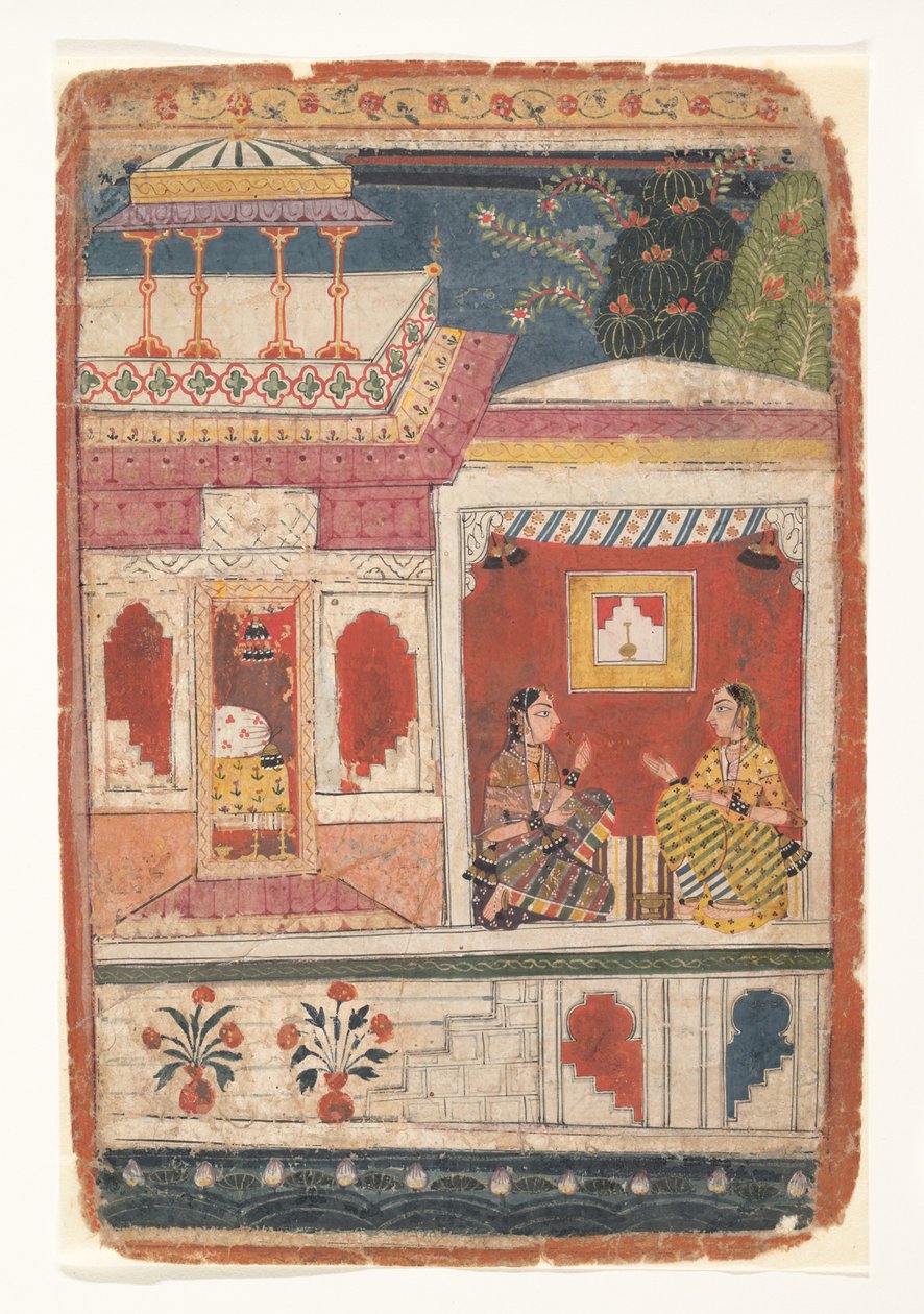 Radha i jej powiernicy siedzą w otwartym pokoju: Strona z rozproszonej Rasikapriyi, ca. 1680-90. autorstwa Unbekannt
