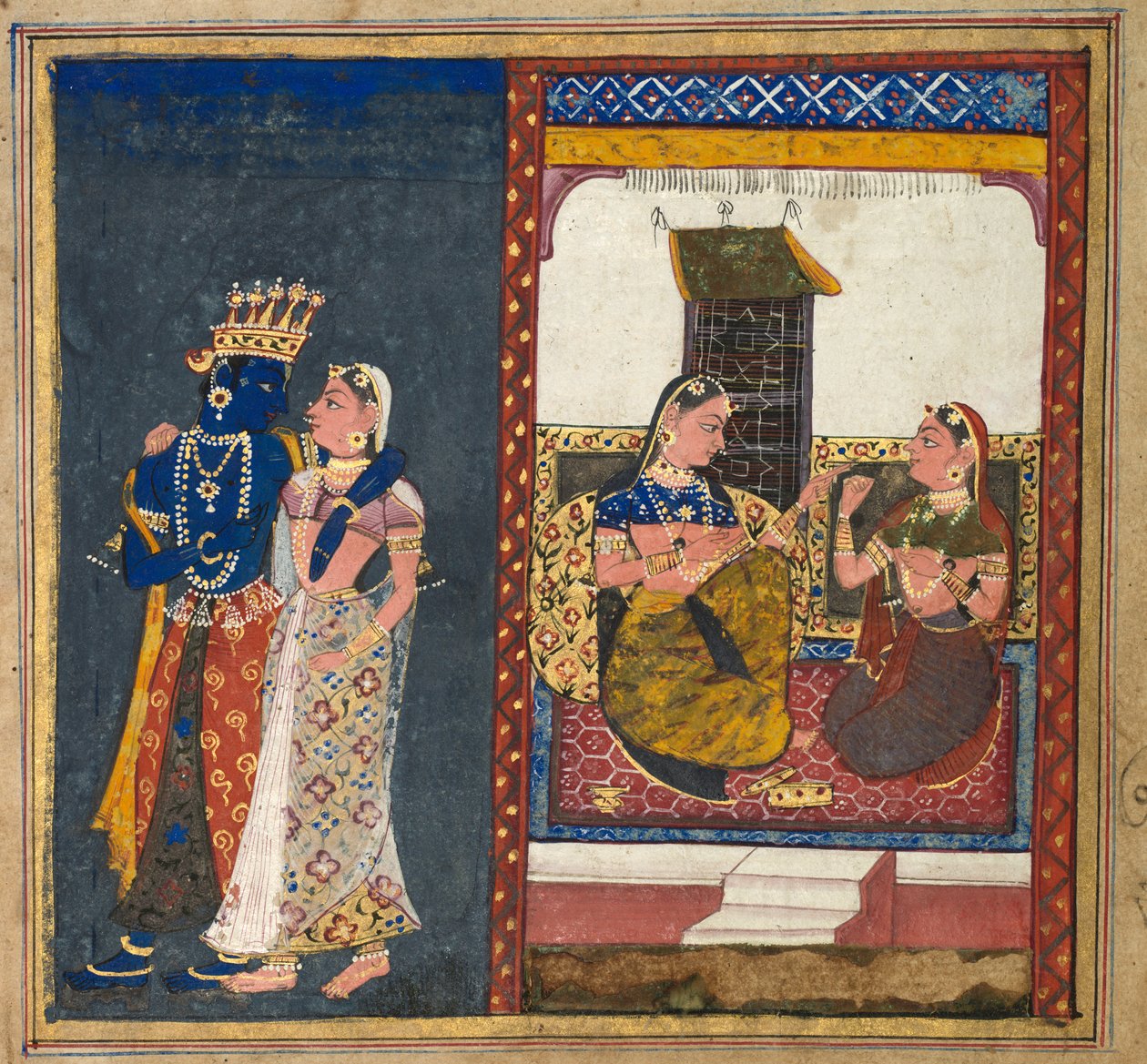 Objęcie Radhy i Kryszny, Liść z Gita Govindy, c. 1650. autorstwa Unbekannt