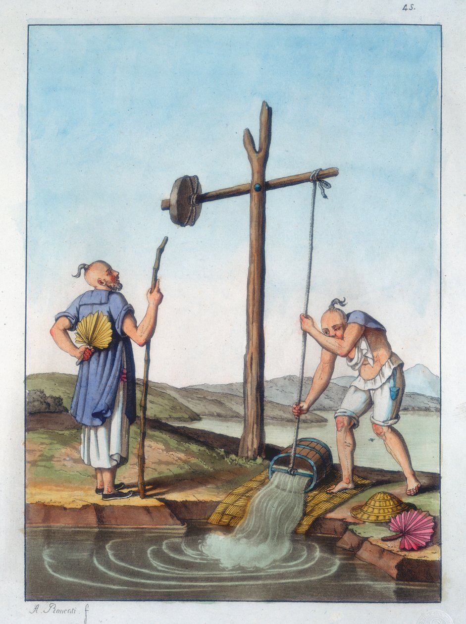 Podnoszenie wody za pomocą shaduf, Chiny, 1825-1835 autorstwa Unbekannt