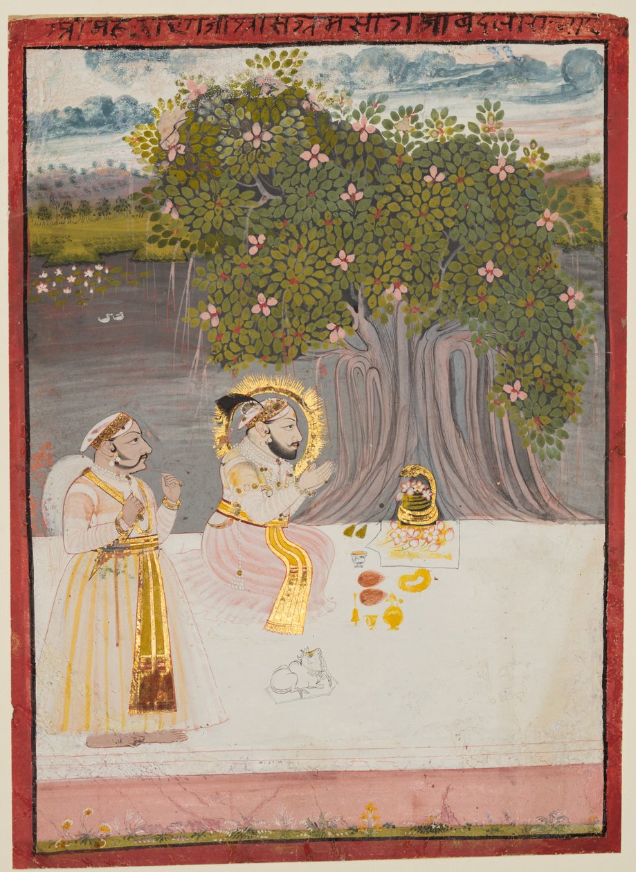 Rana Sangram Singh wielbiący Linga pod drzewem Banyan, 1712-15. autorstwa Unbekannt
