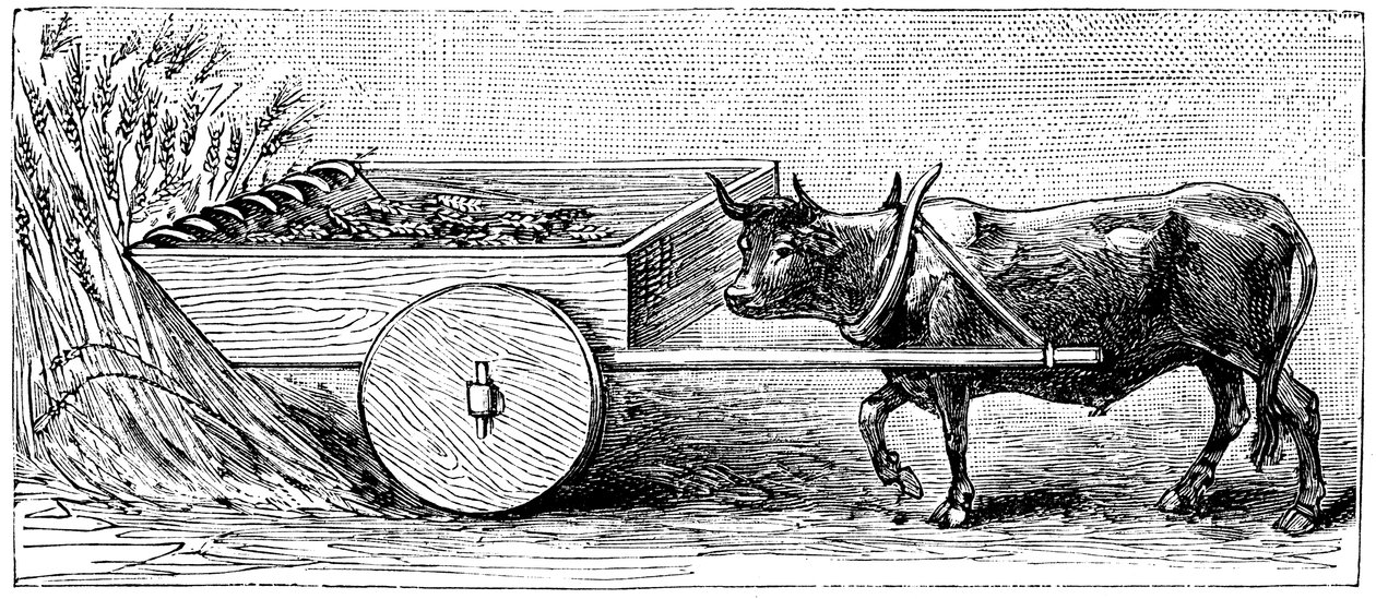 Rekonstrukcja maszyny żniwnej używanej w Galii w czasach starożytnego Rzymu, opisana przez Pliniusza, ok. 1890 r. autorstwa Unbekannt