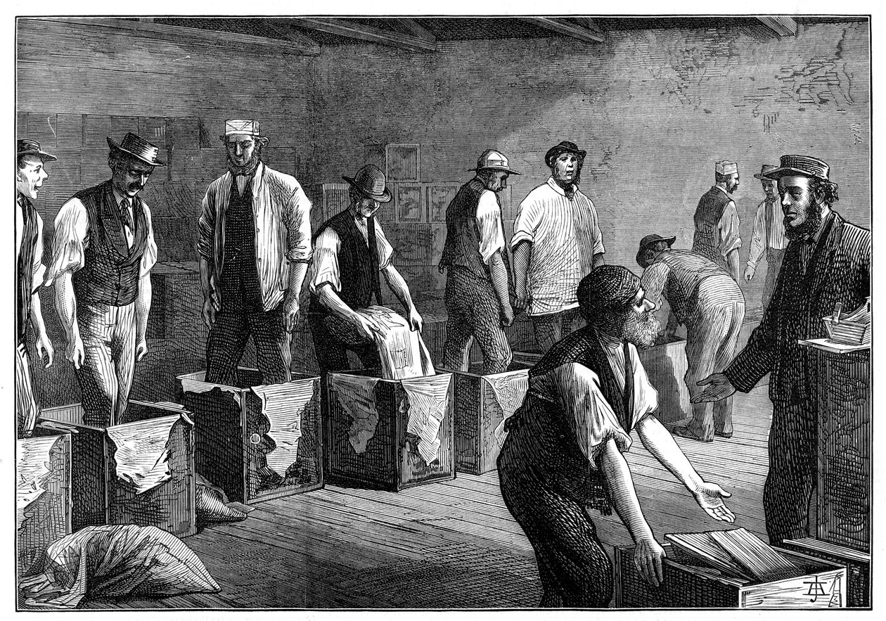 Uzupełnianie skrzyń w magazynie herbaty, 1874 autorstwa Unbekannt