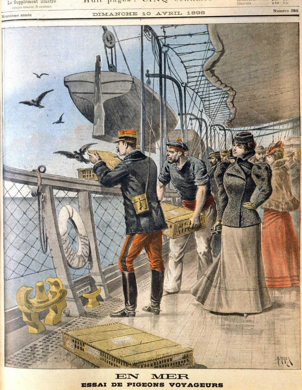 Wypuszczanie gołębi pocztowych armii francuskiej na pokładzie transatlantyckiego liniowca La Bretagne, 1898 autorstwa Unbekannt