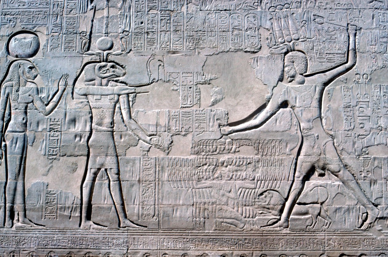 Płaskorzeźba faraona przed Kum i Sekhmet, świątynia Chnuma, okresy ptolemejskie i rzymskie autorstwa Unbekannt