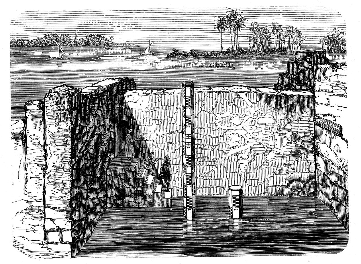 Pozostałości nilometru, starożytnego urządzenia do pomiaru rocznego wylewu Nilu, ok. 1885 r. autorstwa Unbekannt