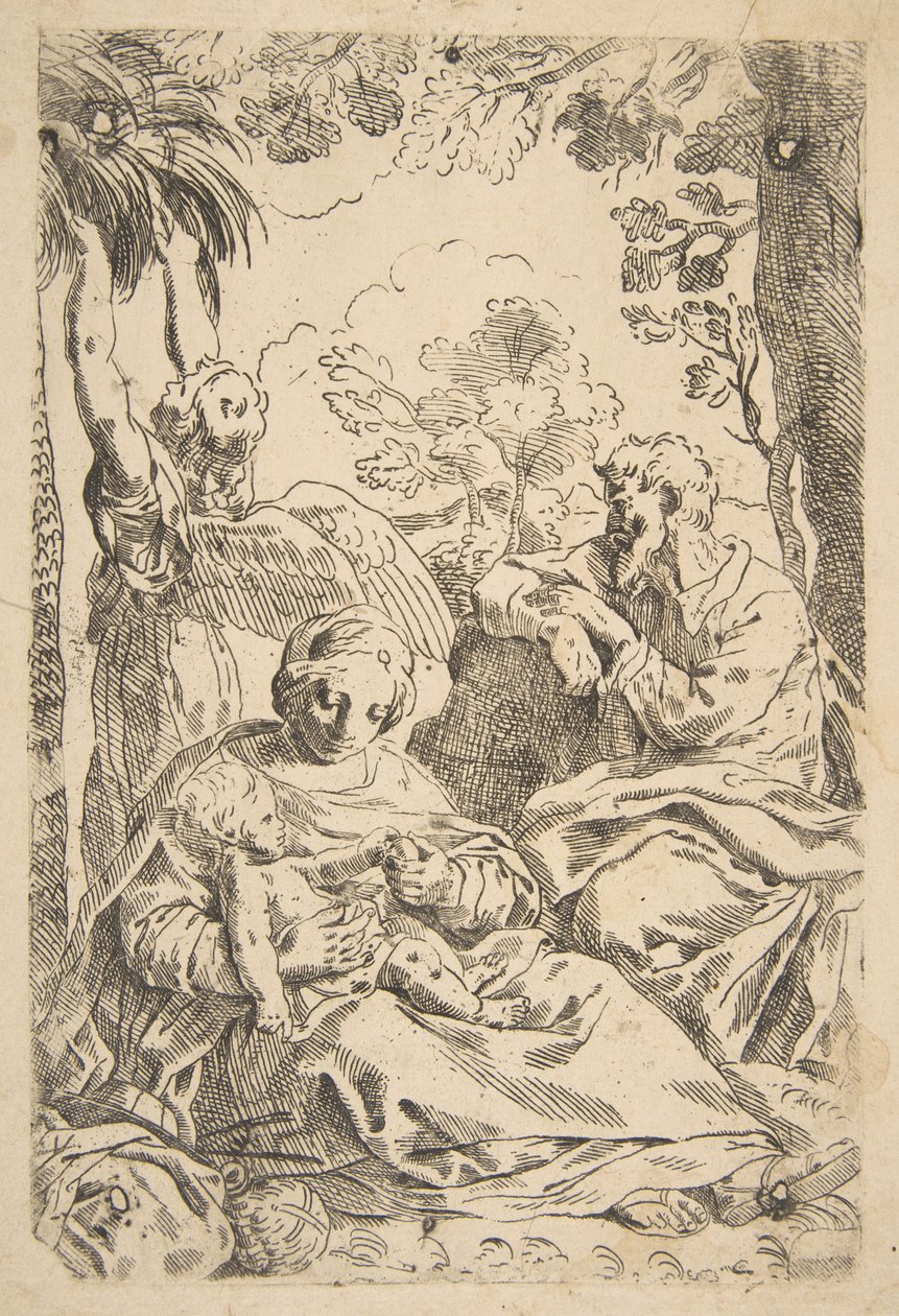 Odpoczywaj w Egipcie, Święta Rodzina siedzi, podczas gdy anioł ciągnie za gałęzie drzewa..., ok. godz. 1637-1639 lub później. autorstwa Unbekannt
