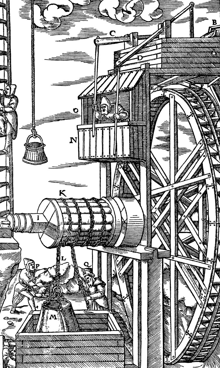 Wciągnik rewersyjny do podnoszenia skórzanych wiader z szybu kopalni, 1556 autorstwa Unbekannt