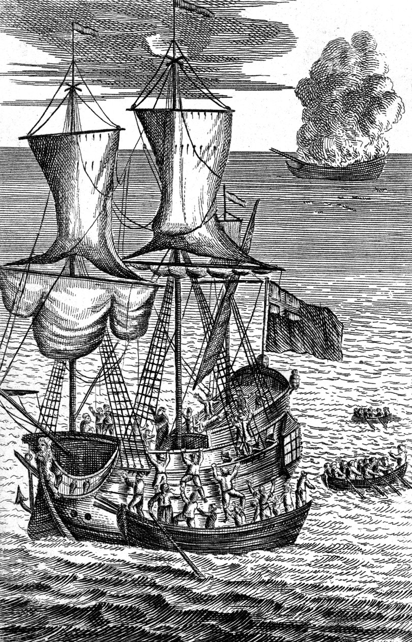 Robinson Crusoe ratuje załogę płonącego statku na morzu, ok. 1719 r. autorstwa Unbekannt