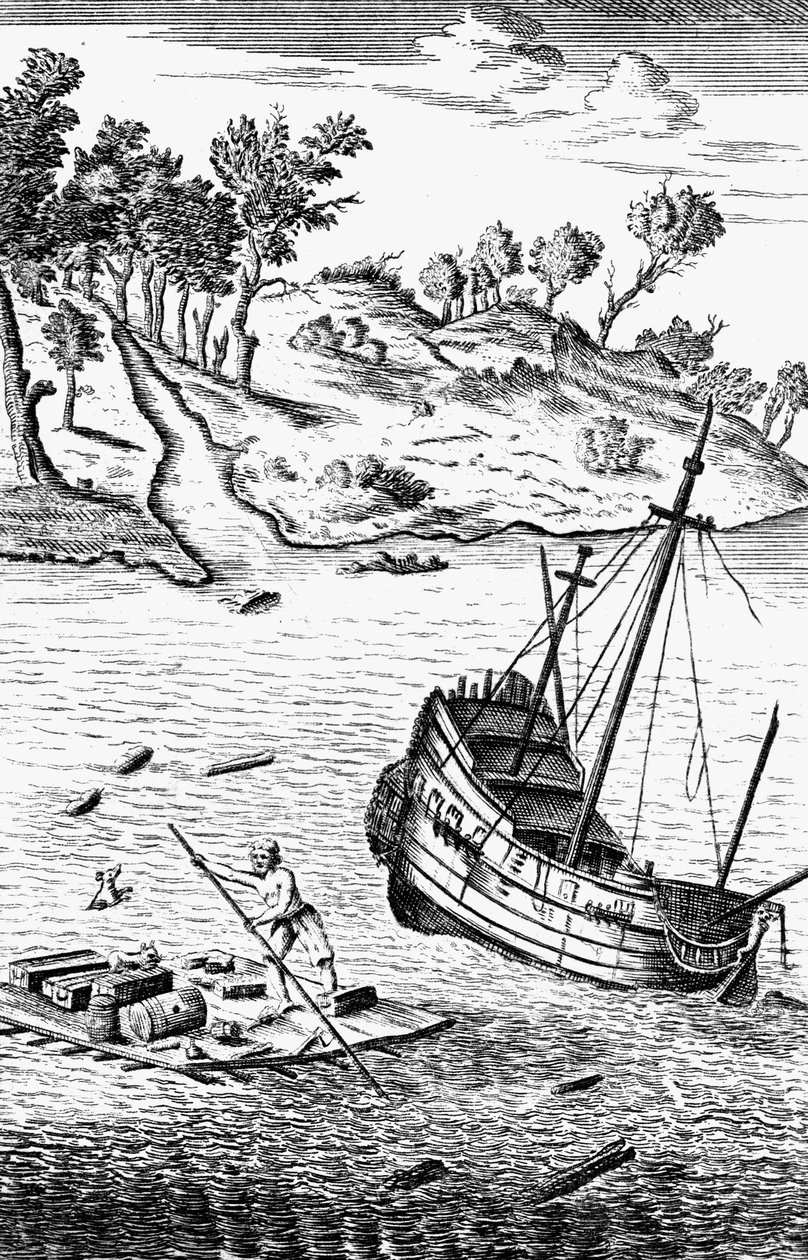 Robinson Crusoe ratuje swoje towary z wraku statku, c1719 autorstwa Unbekannt