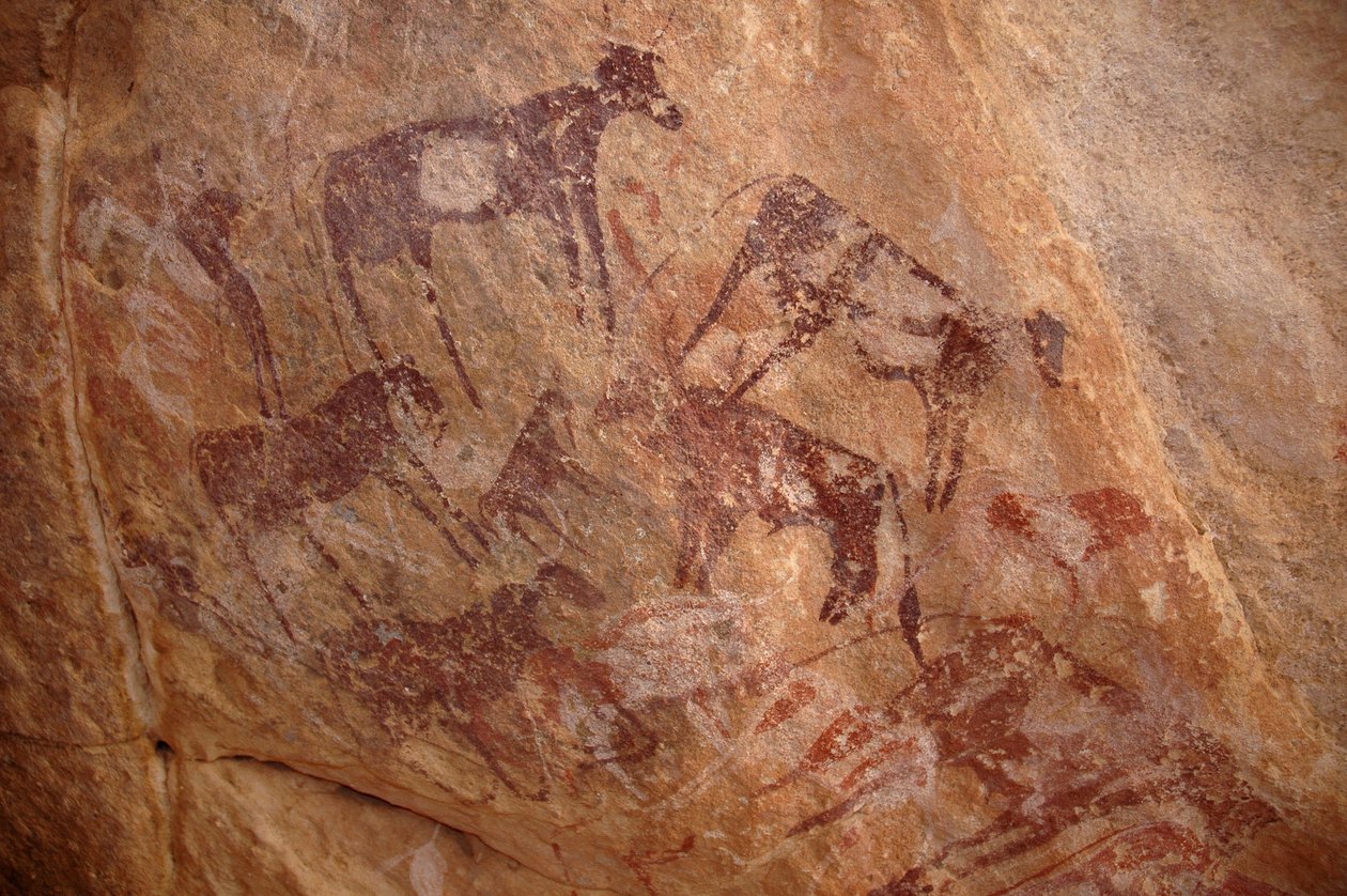 Sztuka naskalna, Prehistoria: Obraz przedstawiający grupę bydła i postaci w ozdobnym schronie w masywie Uweinat w Sudanie (Karkur-Talh lub Karkur Talh). Okres od 8000 do 3000 lat pne. Fotografia autorstwa Unbekannt