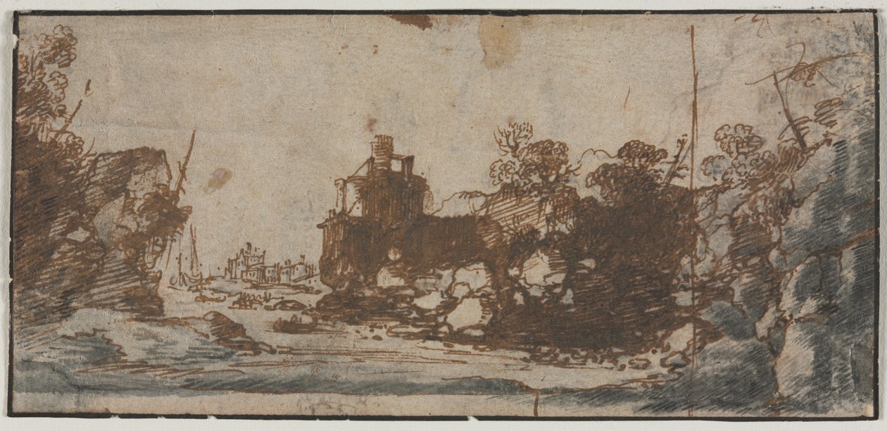 Rocky Inlet z łodziami i budynkami prosto, szkice zamków odwrócone, 1600s. autorstwa Unbekannt