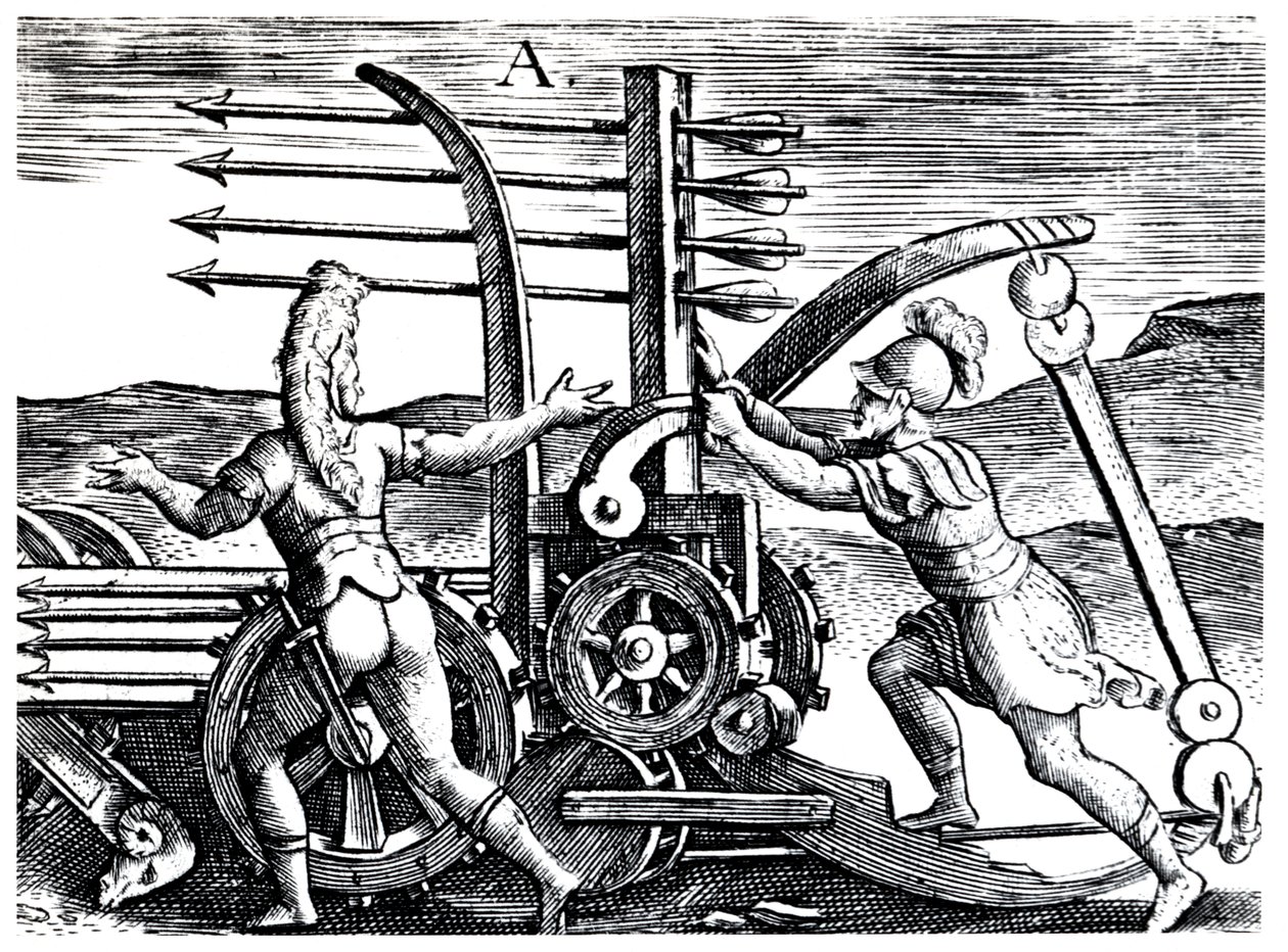 Żołnierze rzymscy używający machiny wojennej strzelający wieloma strzałami, 1605 autorstwa Unbekannt