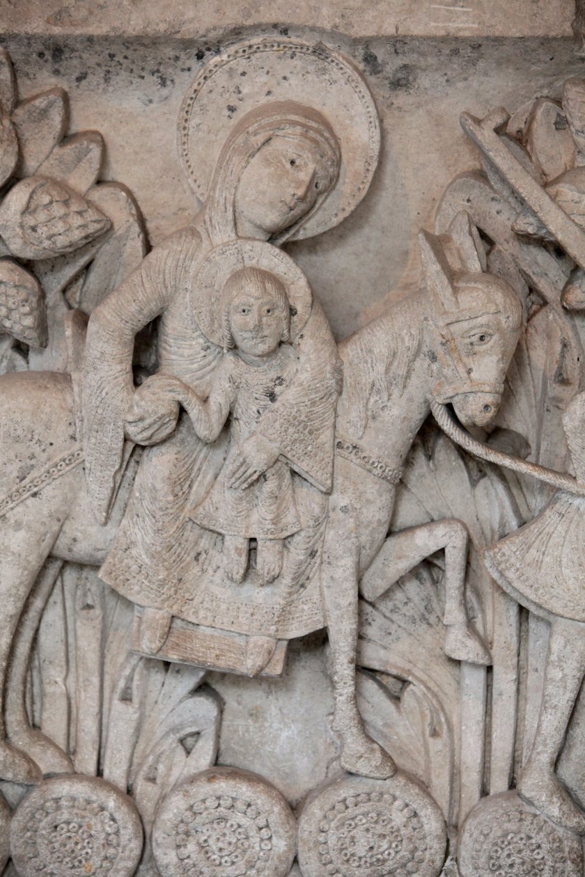 Romańska płaskorzeźba ze stolicy w katedrze Autun przedstawiająca ucieczkę do Egiptu, Autun, Francja autorstwa Unbekannt
