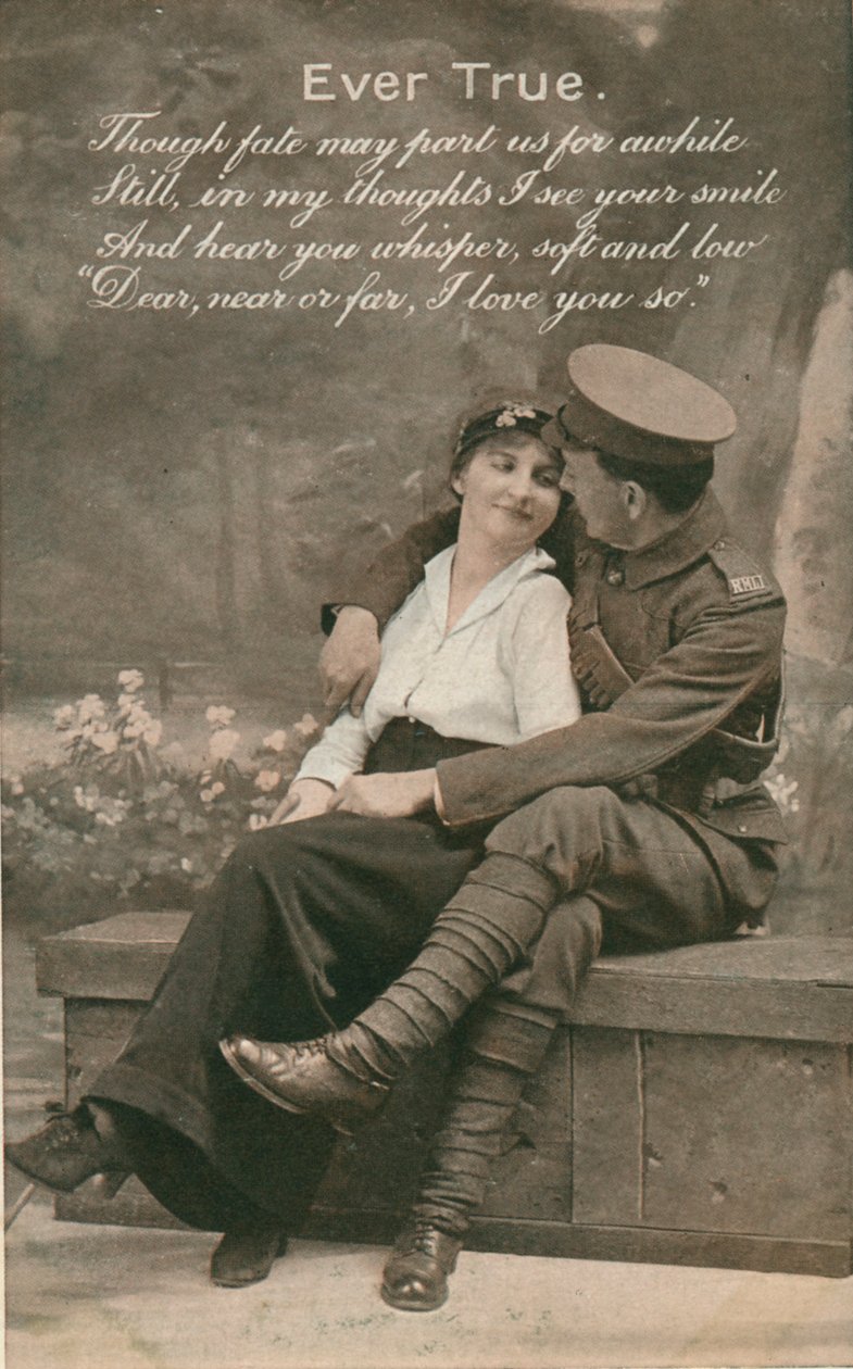 Romantyczna pocztówka przedstawiająca żołnierza i jego ukochaną, c1914-18 autorstwa Unbekannt