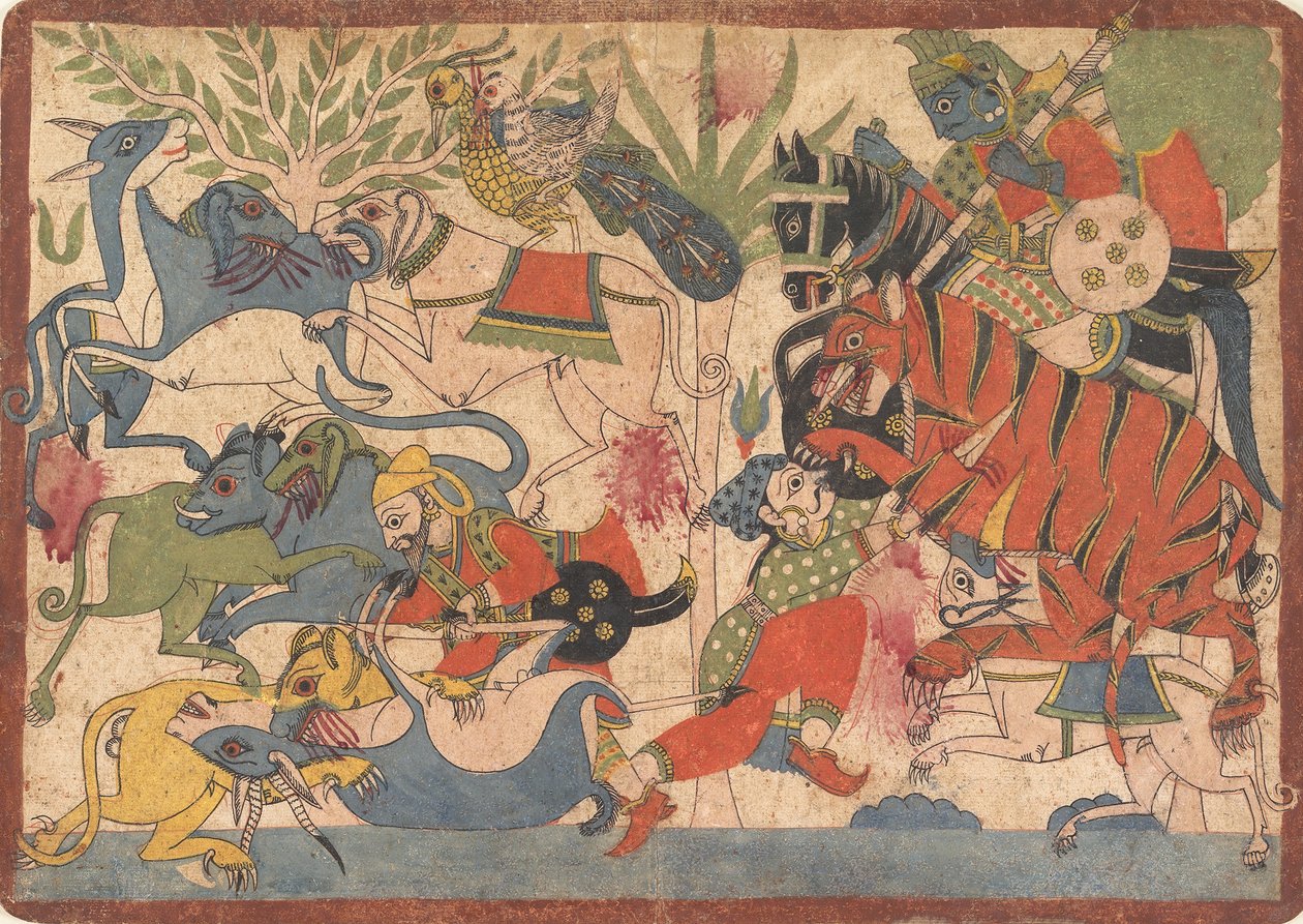 Królewskie polowanie, folio z Mahabharaty, 1800-1850. autorstwa Unbekannt