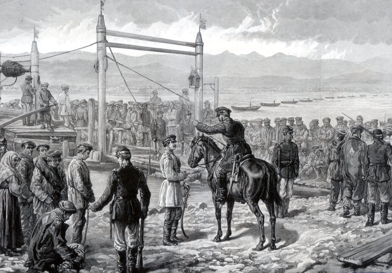 Rosyjscy skazani pod eskortą wojskową czekający na przeprawę przez rzekę Jenisej, Syberia, 1882 r. autorstwa Unbekannt
