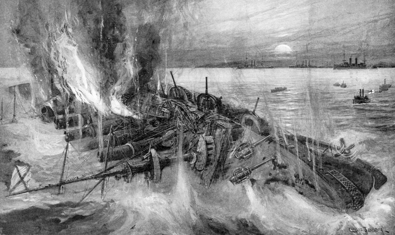 Zatonięcie rosyjskiego krążownika w bitwie pod Chemulpo, wojna rosyjsko-japońska, 1904-5 autorstwa Unbekannt