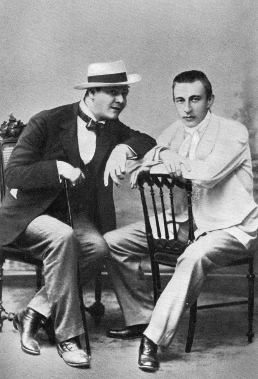 Rosyjski śpiewak operowy Fiodor Chaliapin z kompozytorem i pianistą Siergiejem Rachmaninowem, c1890 autorstwa Unbekannt