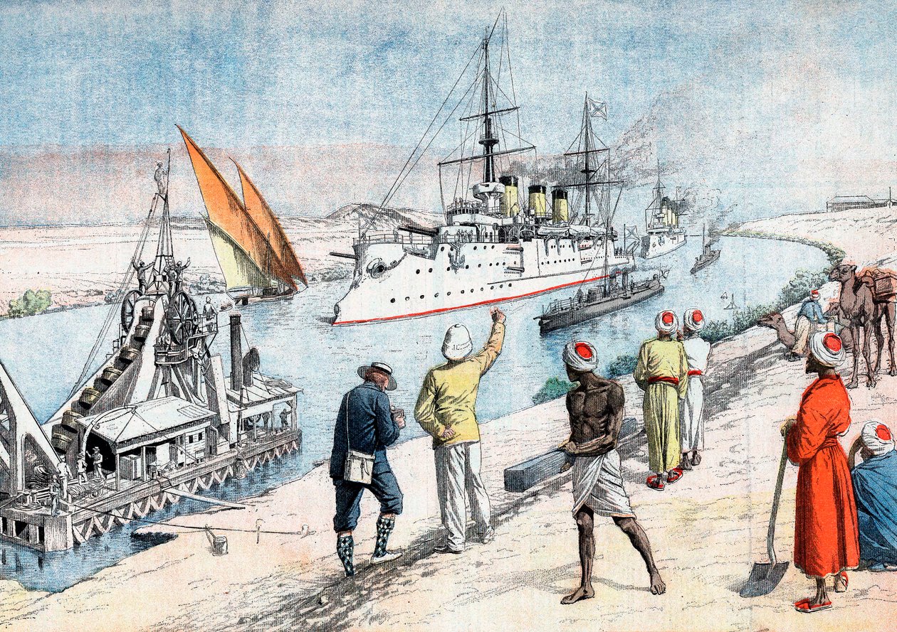 Rosyjskie okręty wojenne przepływające przez Kanał Sueski, wojna rosyjsko-japońska, 1904-5 autorstwa Unbekannt