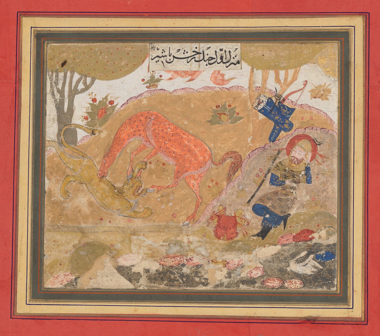 Pierwsze danie Rustama: Rakhsh zabija lwa, Folio z Księgi Królów Shahnamy, ca. 1430-40. autorstwa Unbekannt