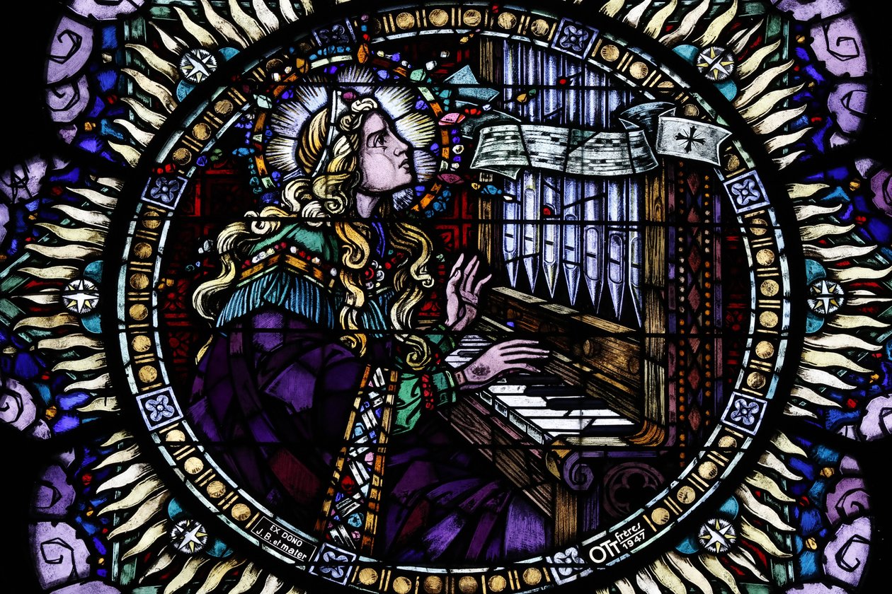 Kościół katolicki św. Piotra Młodszego. Różowe okno. Sancta Cecilia, patronka muzyków. Strasburg. Francja. autorstwa Unbekannt