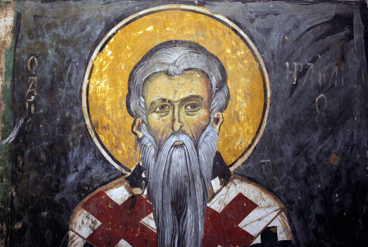 Bizantyjski fresk św. Iraklionu (Heraklion) z klasztoru Agios Ioannis Lampadistis, św. Jan Lampadistis z XI wieku Cypr Malowane kościoły UNESCO Troodos, Cypr autorstwa Unbekannt