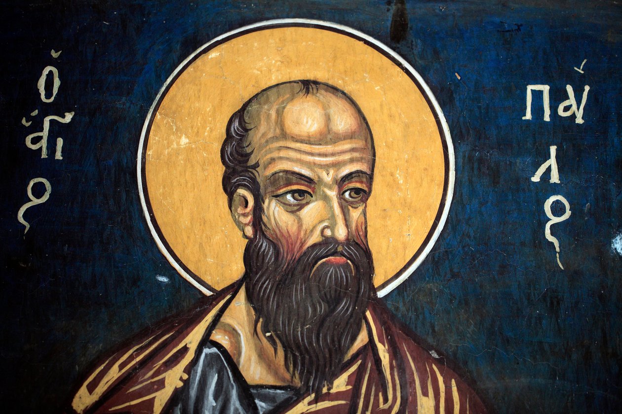 Św. Paweł: bizantyjski fresk z XIV wieku (1332) Nathex, południowa ściana kościół Phorbiotissa Virgin, Asinou UNESCO region Troodos, Cypr autorstwa Unbekannt