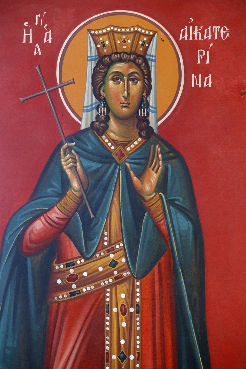 Fresk Sainte Kathrine w kościele Świętego Krzyża, Pedoulas, 20150510, Pedoulas, Cypr autorstwa Unbekannt