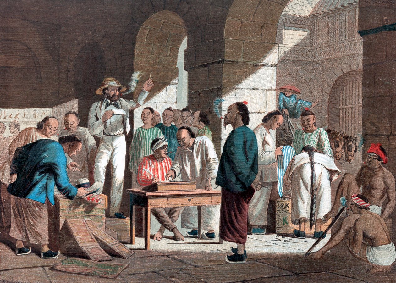 Sprzedaż towarów angielskich w Kantonie, 1858 autorstwa Unbekannt