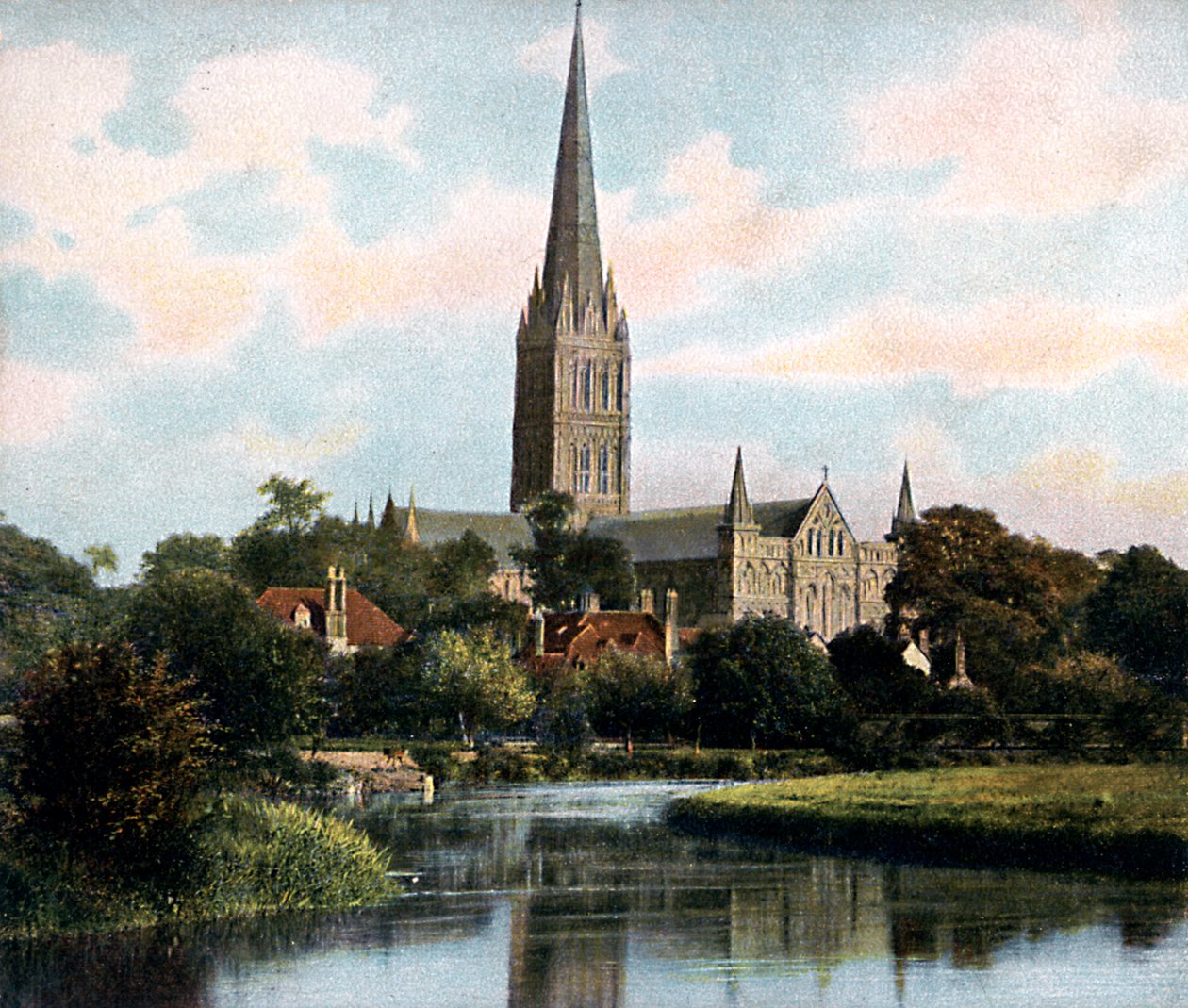 Katedra w Salisbury widziana z rzeki Avon, Salisbury, Wiltshire, początek XX wieku autorstwa Unbekannt