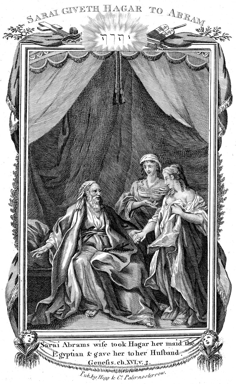 Sara, żona Abrahama, będąc bezpłodna, ofiarowuje mężowi swoją służącą Hagar, ok. 1804 r. autorstwa Unbekannt
