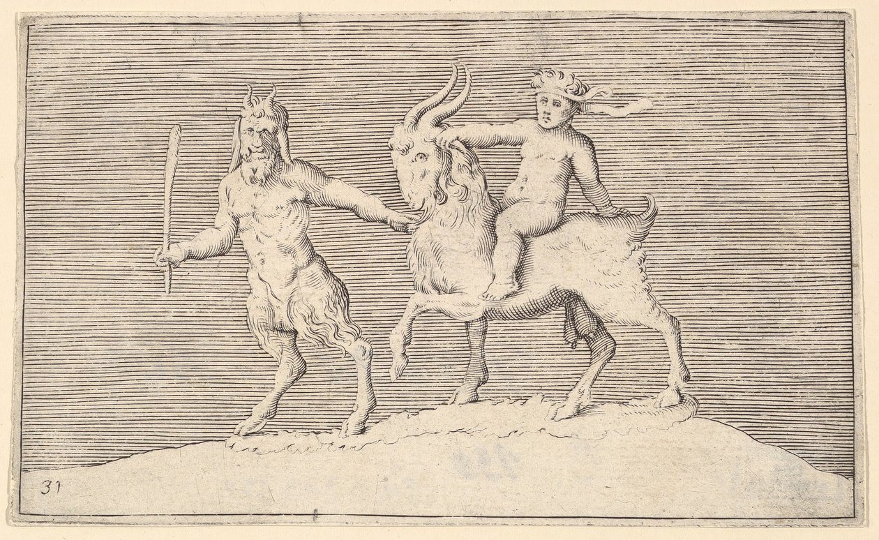 Satyr Leading Goat, na którym jeździ niemowlę, opublikowano 1599-1622. autorstwa Unbekannt