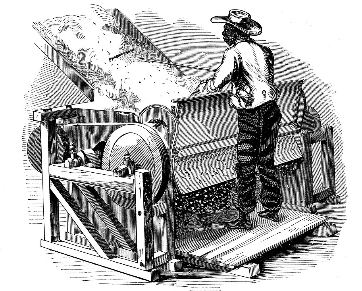Piła do czyszczenia bawełny obsługiwana przez bosego czarnego robotnika, południowe USA, 1865 autorstwa Unbekannt