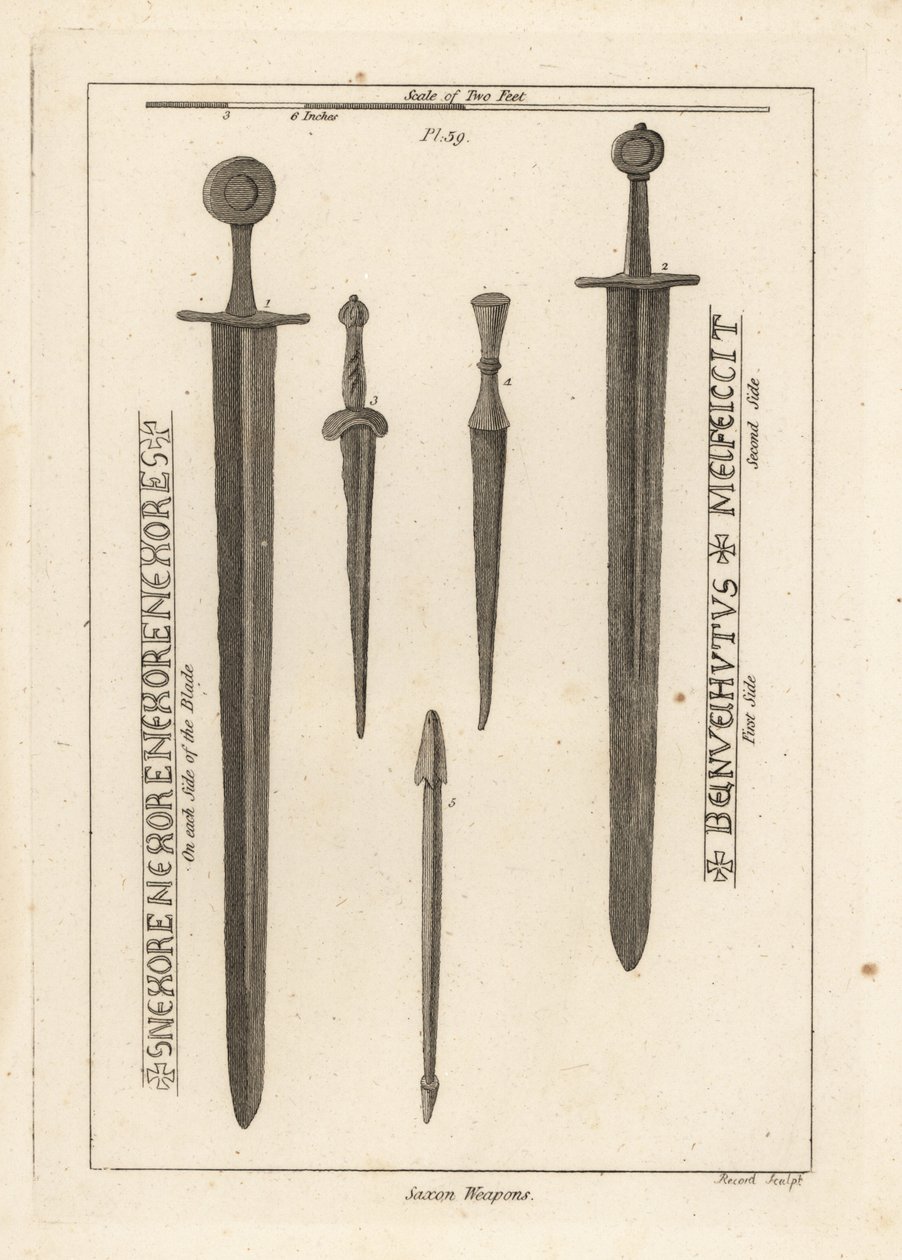 Broń saska: starożytny żelazny miecz 1,2 oraz sztylety i sztylety 3,4 znalezione w rzece Wytham, Lincolnshire oraz bełt z kuszy znaleziony w obozie w Danbury, Essex 5 autorstwa Unbekannt